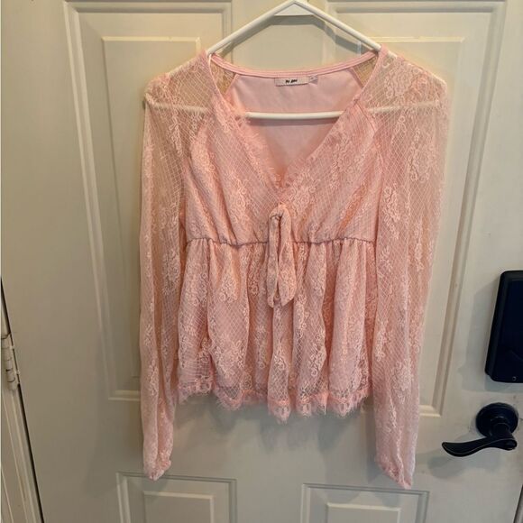 Anthropologie Mi Ami Pink Puff Sleeve Blouse with Tie Front - Picture 2 of 5